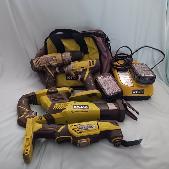 Lot of 4 Ryobi 18V Tools Drill Reciprocating Saw 2 Batteries 1 Charger - Picture 1 of 11